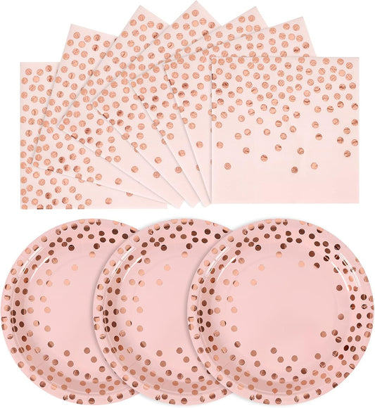 Pink and Rose Gold Paper Plates- 100 Pack- 50 x 7 Dessert Plates & 50 x 6.5 Napkins, Pink Paper Plate and Napkins Party Supplies for Baby Showers, Birthdays and All Occasions