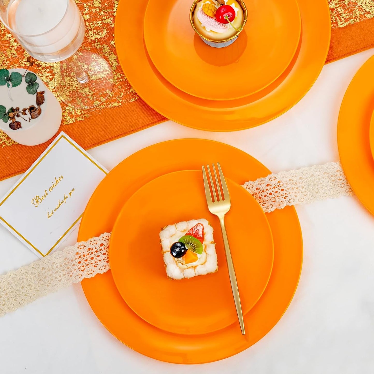PULOTE 100PCS Orange Plastic Plates - Premium Hard Orange Disposable Include 50 Each(10.25 Inch Dinner & 7.5 Inch Dessert) Plates, Ideal for Thanksgiving Party