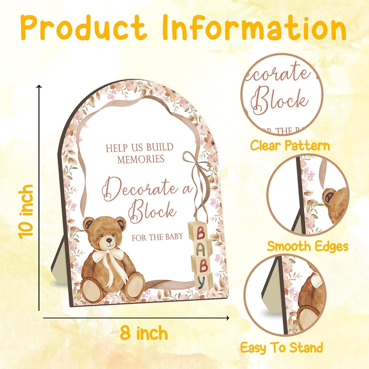 Teddy Bear Baby Shower Games Kit, Teddy Bear Baby Shower Decor, Floral Ribbon Babies Game with 50 Blank Wooden Babies Block, 24 Acrylic Paint Marker & Decorate a Block Wooden Sign for Boys Girls
