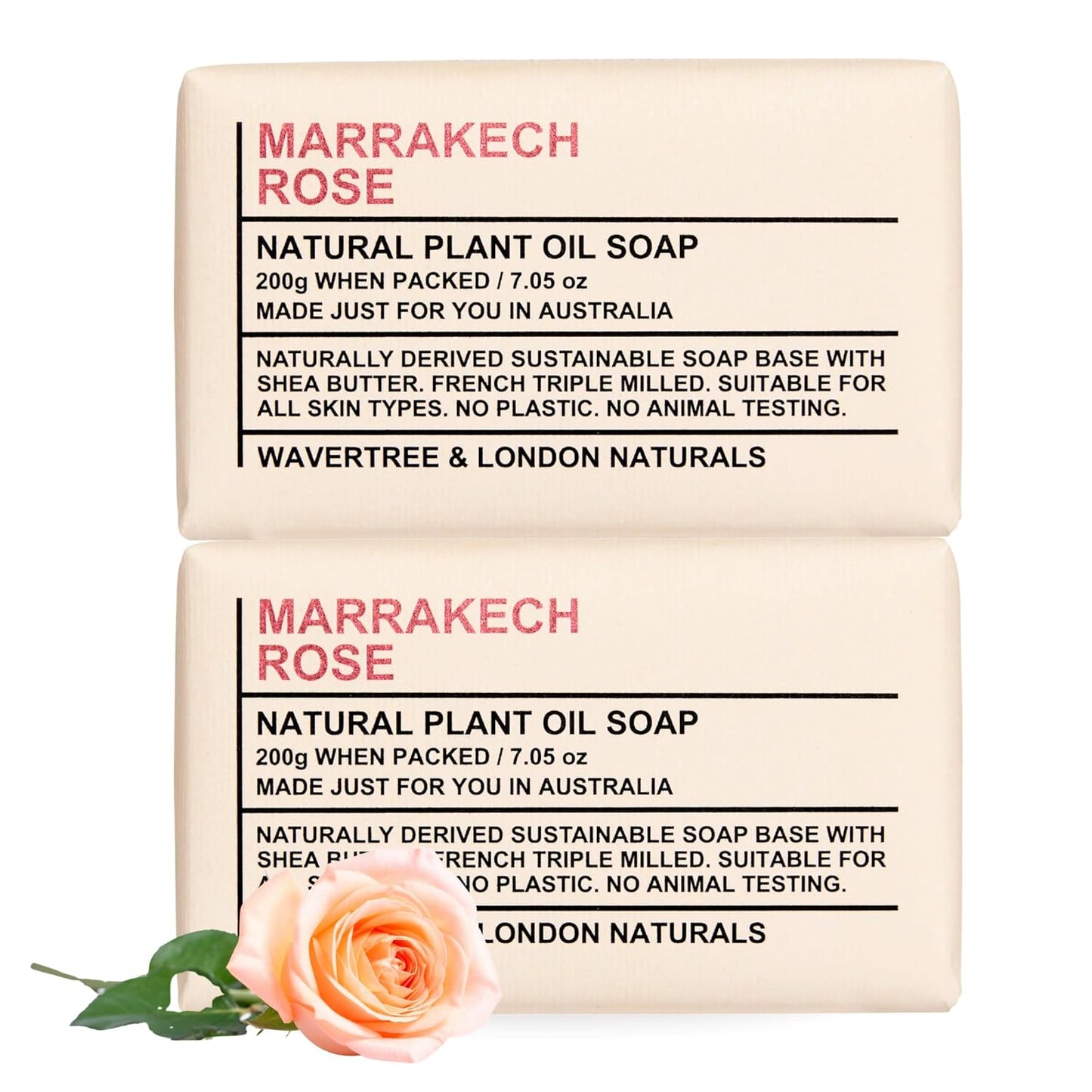 Wavertree & London Marakech Rose Scented Natural Soap Bars (2 Bars), 7oz Moisturizing French Triple Milled Soap enriched with shea butter - Plant Oil Bath & Body Soap Bars [100% Naturally derived]