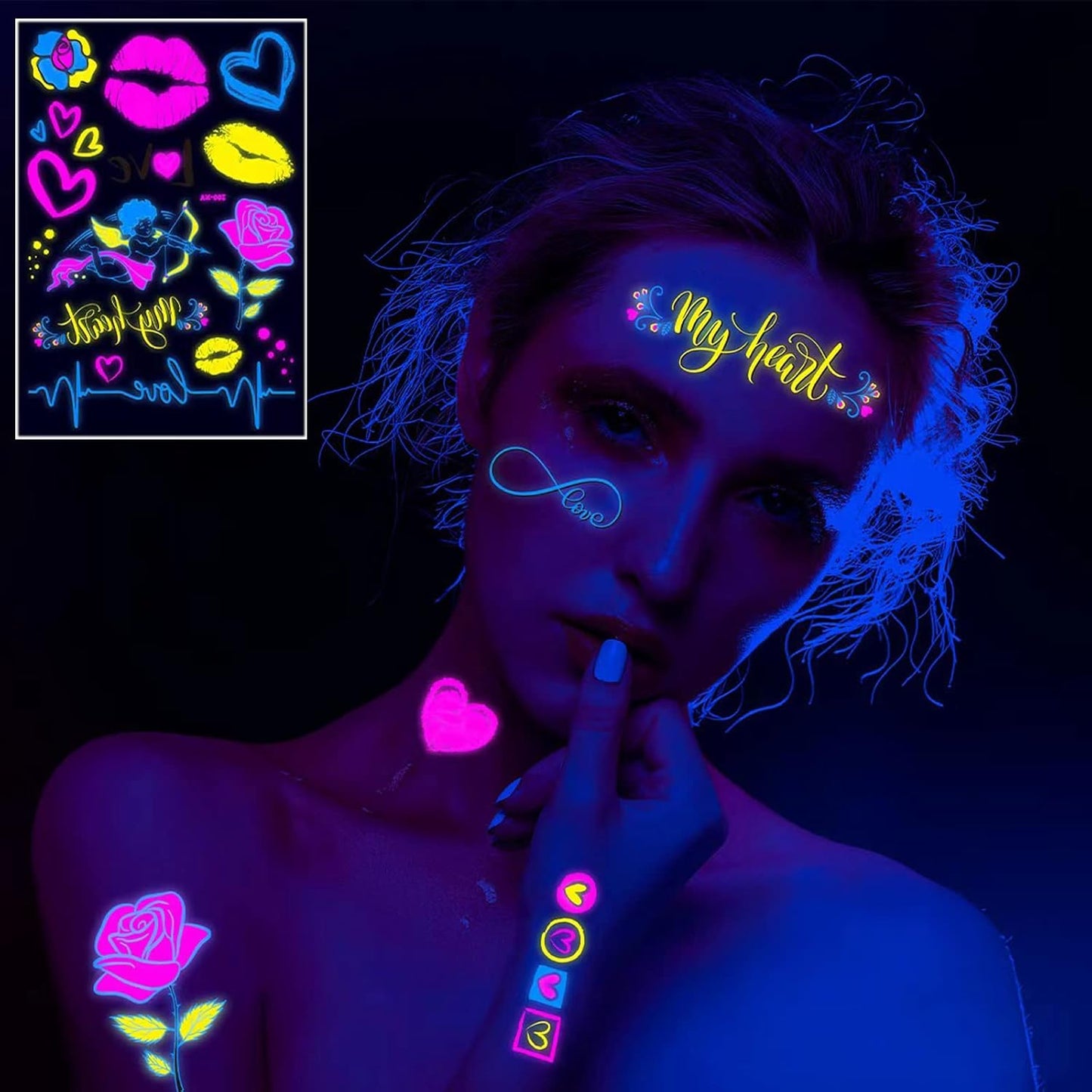 Neon Temporary Tattoos New Love Mixed Style Glitter Cupid Red Lips Heart Flower Glow In The Dark UV Neon Tattoos Stickers 60 Flash Fake Waterproof Tattoos for Women Girls Body Art