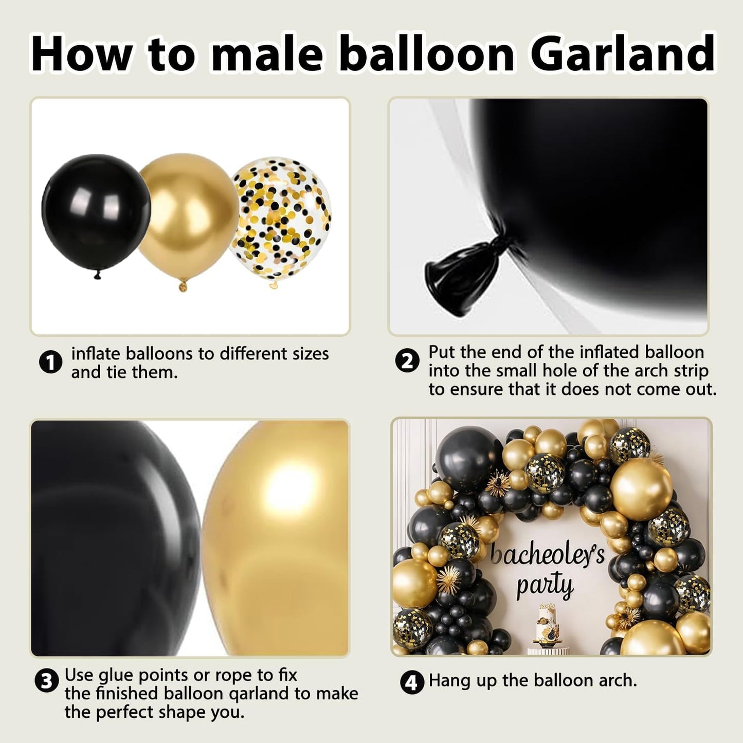 Black and Gold Balloon Arch Kit, 144pcs Black and Gold Balloons Metallic Gold Confetti Balloons Different Sizes 18/12/10/5in for Birthday Wedding New years Graduation Masquerade Party Decorations