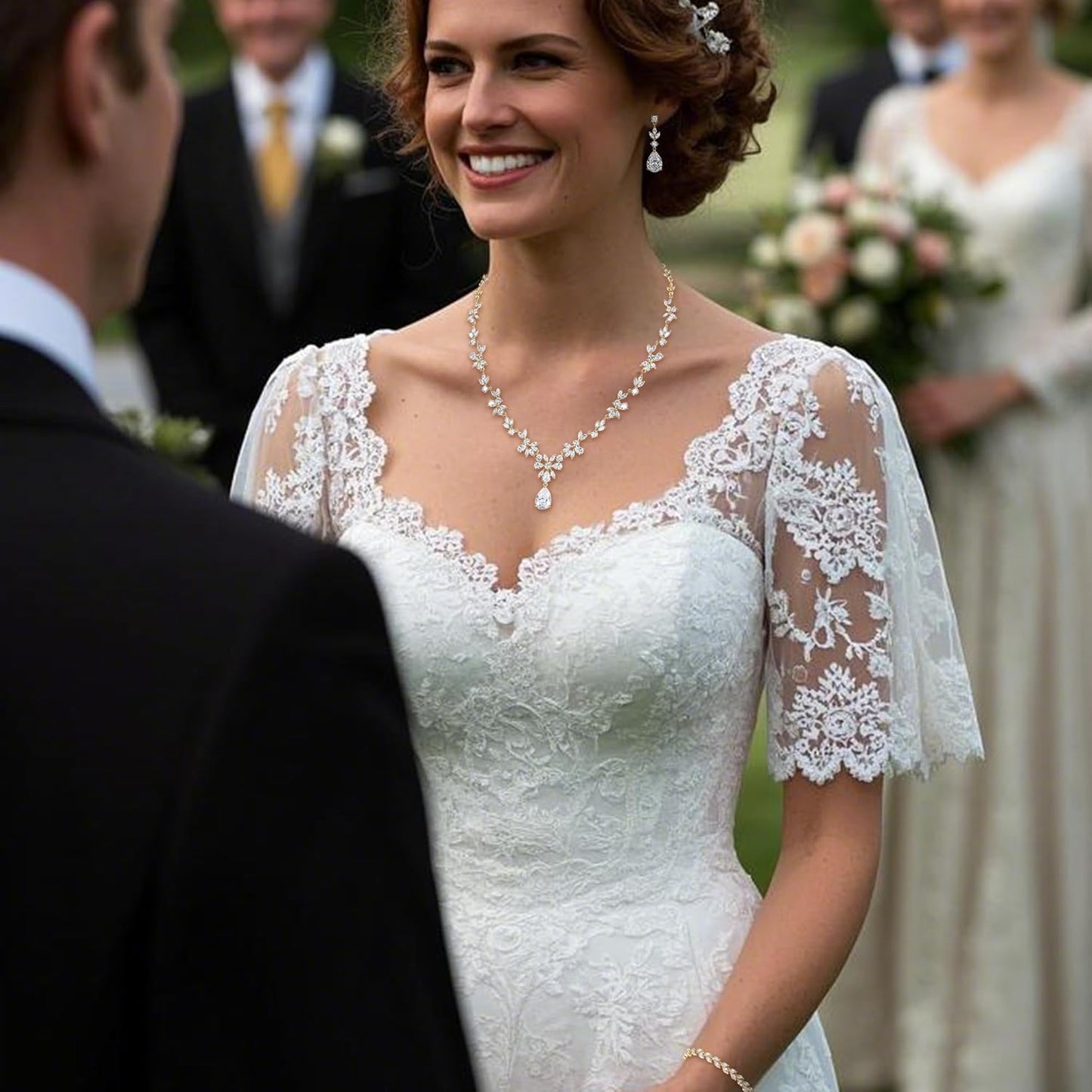 BriLove Gorgeous Wedding Jewelry Set for Women Bridal Cubic Zirconia Marquise Teardrop Leaf Cluster Y-Necklace Dangle Earrings Link Bracelet