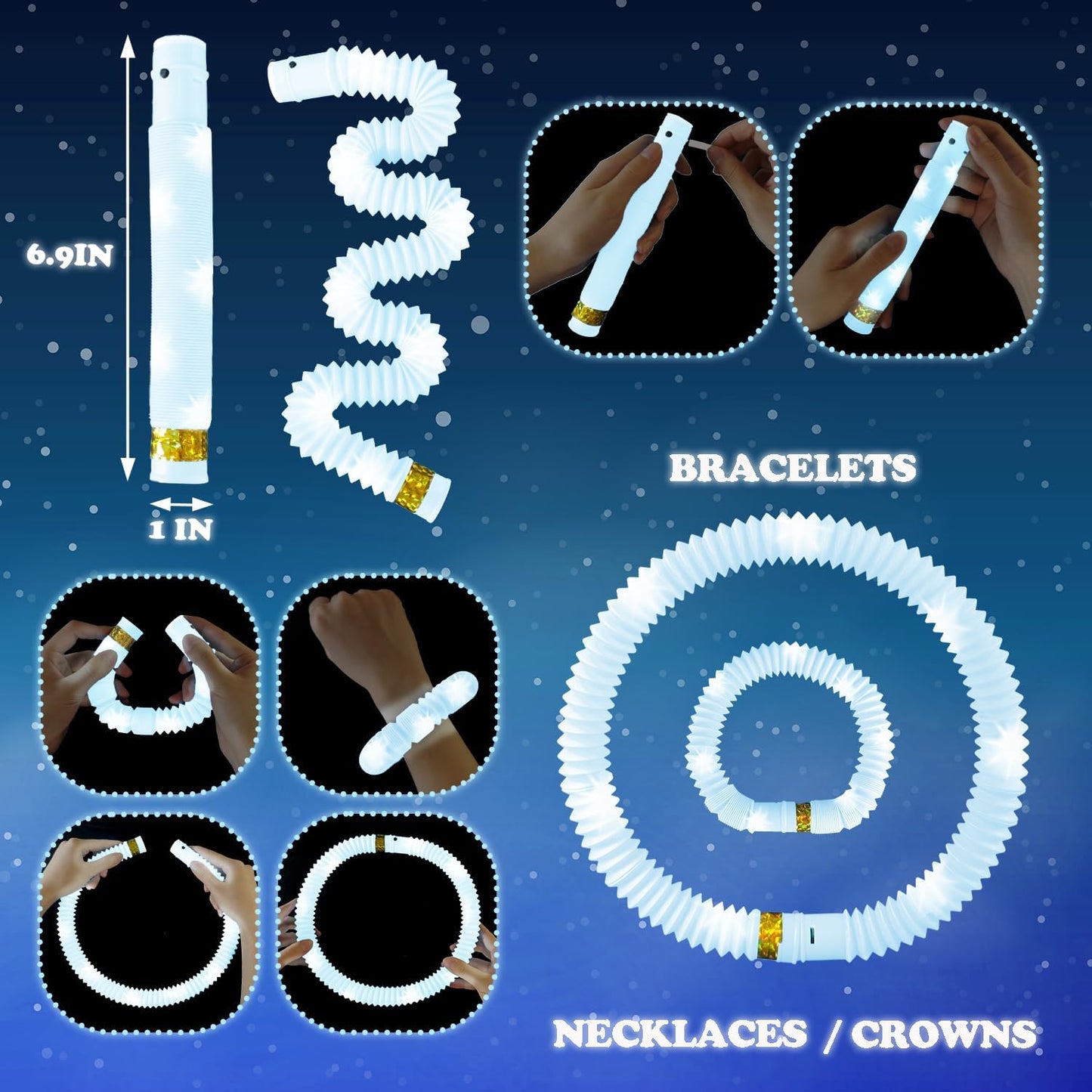 24 PCS White Glow Sticks Party Favors for Kids,Christmas LED Light Up Necklaces Bracelets Accessories for Toddlers,Glow Dance Wedding Camping Party Supplies Decorations Stocking Stuffer for Boys Girls