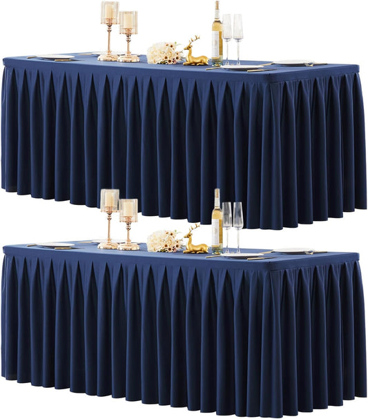 2 Pack Navy Blue Rectangle Tablecloth 6 FT Stretch Spandex Fitted Table Cloth for 6 Foot Rectangle Tables Banquet Tablecloths Wrinkle Free Table Cover Skirt Stitch Ruffle Tablecloth for Party Wedding