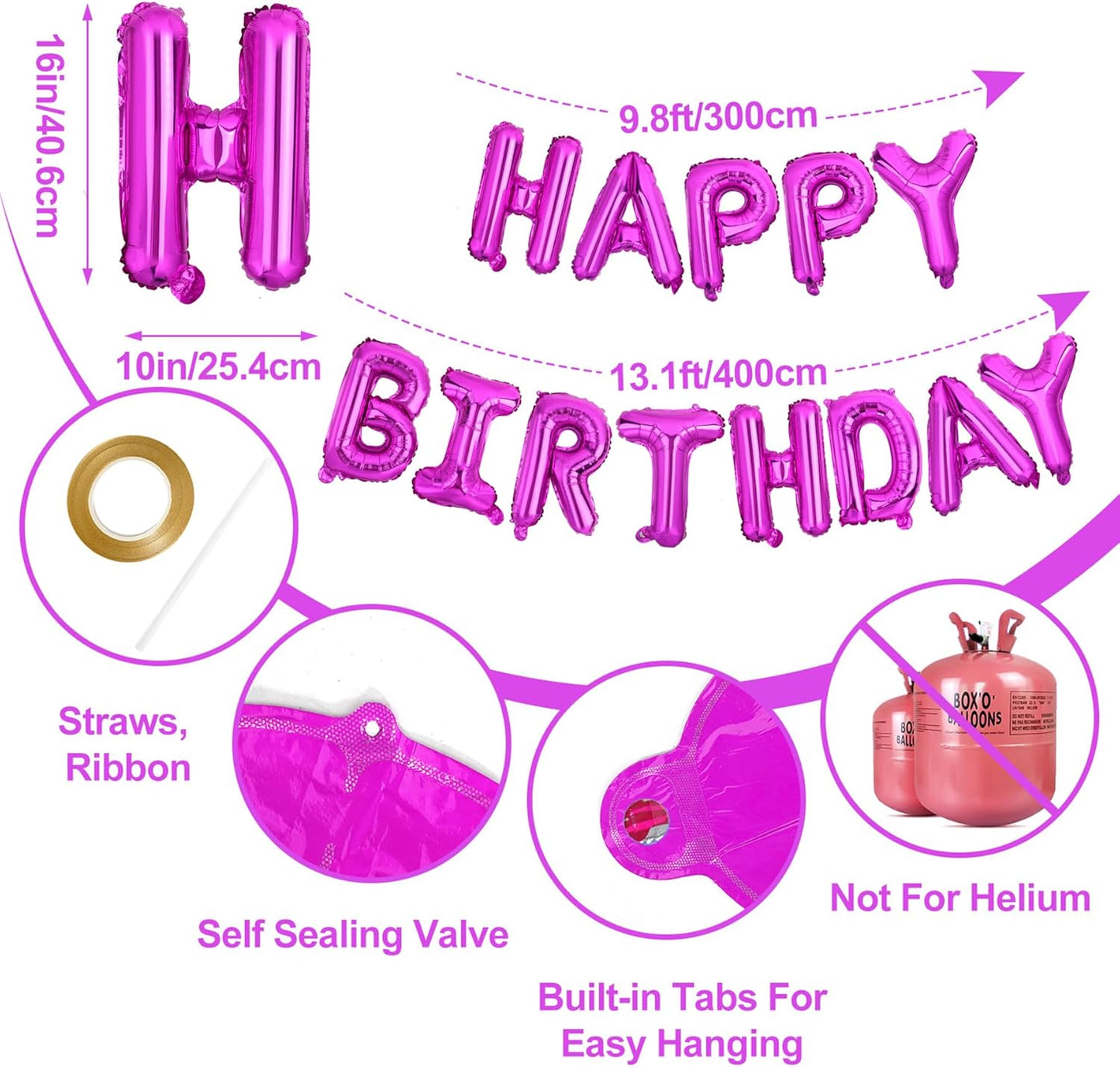 LIOZEOKUN Happy Birthday Balloon Letters 16 inch Mylar Foil Birthday Balloons Banner Sign for Birthday Party Decorations Supplies (Hot pink)