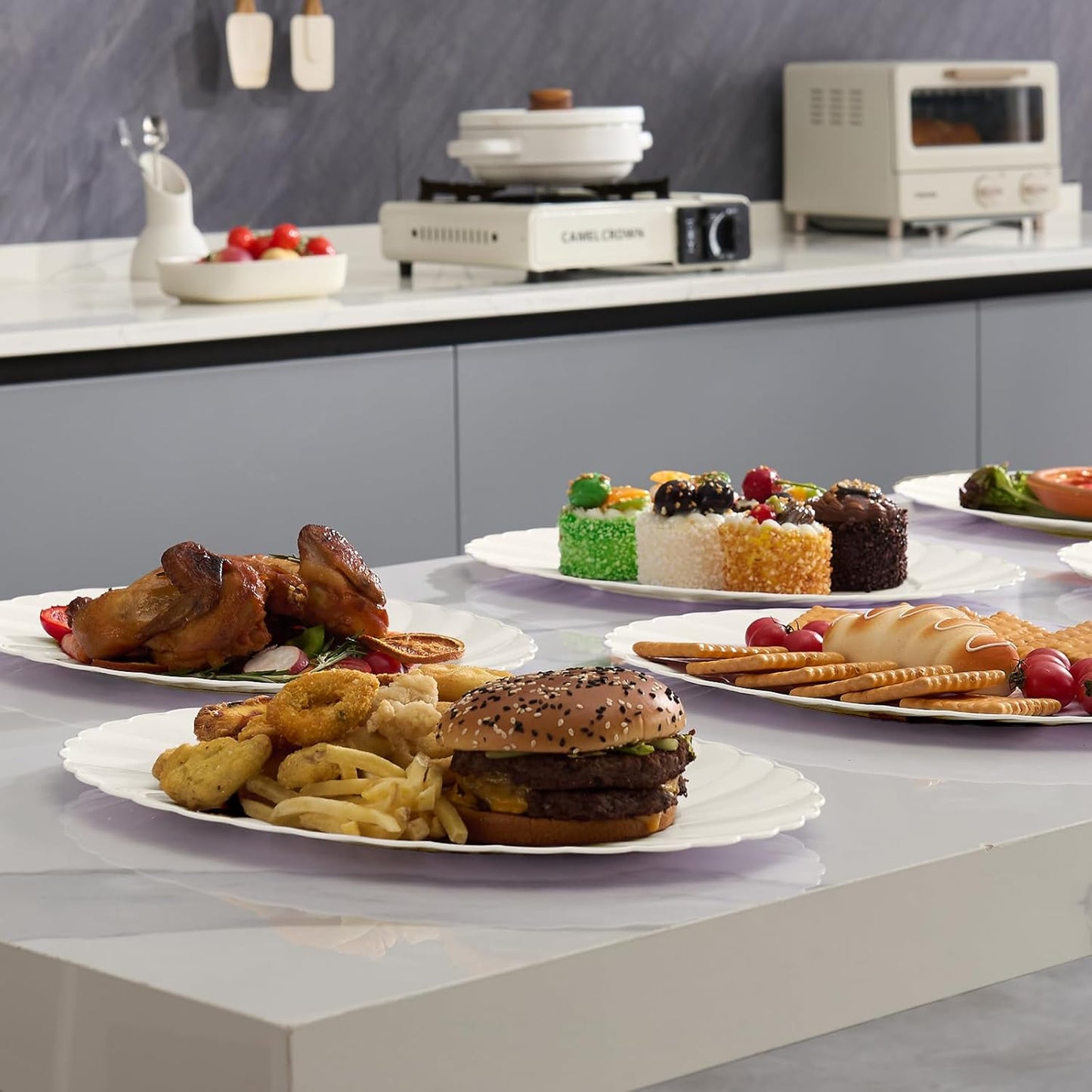 U-QE 25 Count Ivory Thanksgiving Plastic Plates - 15.6 inch Oval Plates Disposable Plates Heavy Duty For Big Eaters, Ivory Disposable Platters Ideal for Thanksgiving, Party, Picnic and Weddings