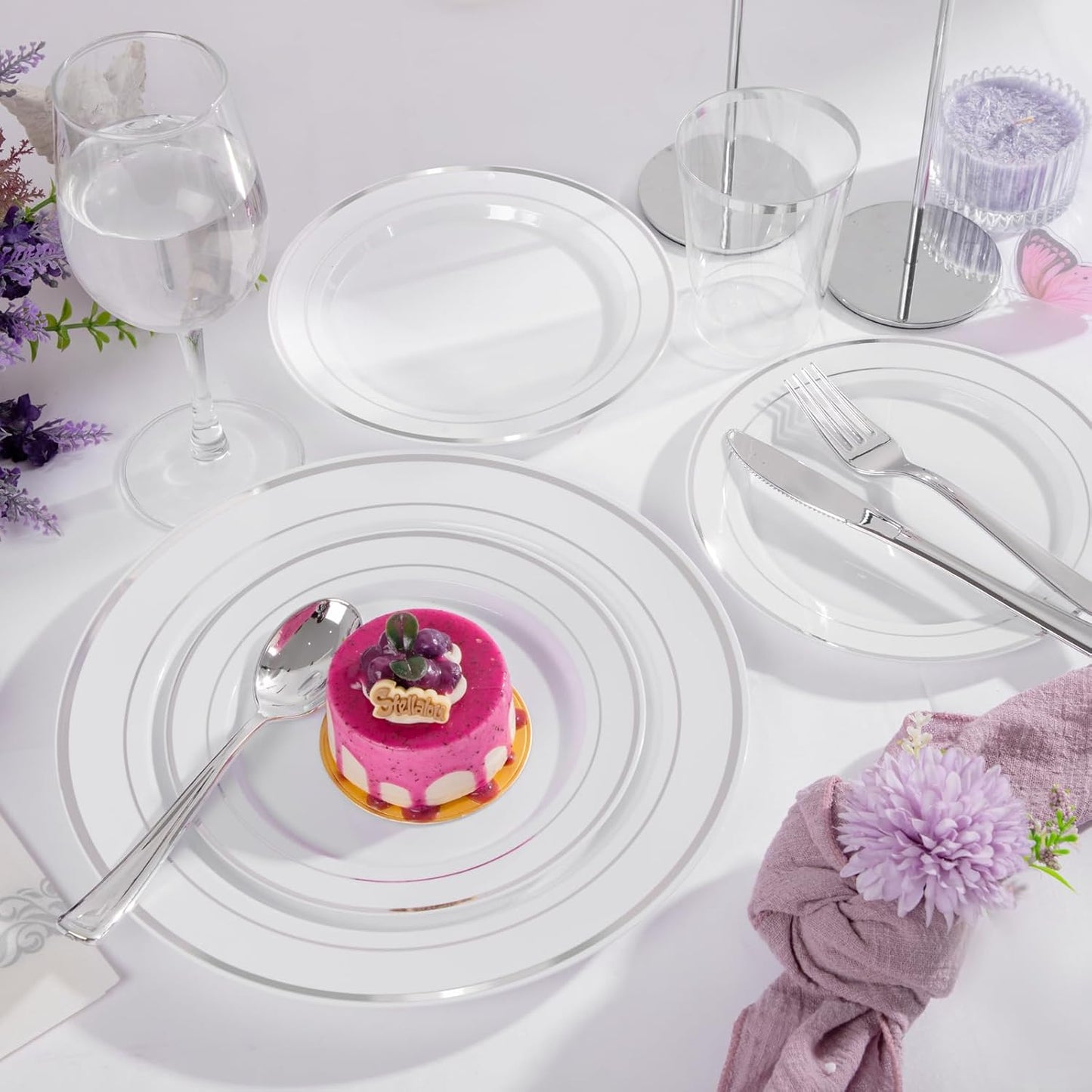 Supernal 200pcs Silver Plastic Dinnerware Sets for 25 Guests included Silver Silverware Set & Plastic Plates heavy duty Disposable Cups and Paper Napkins Disposable for Party Birthday and Wedding