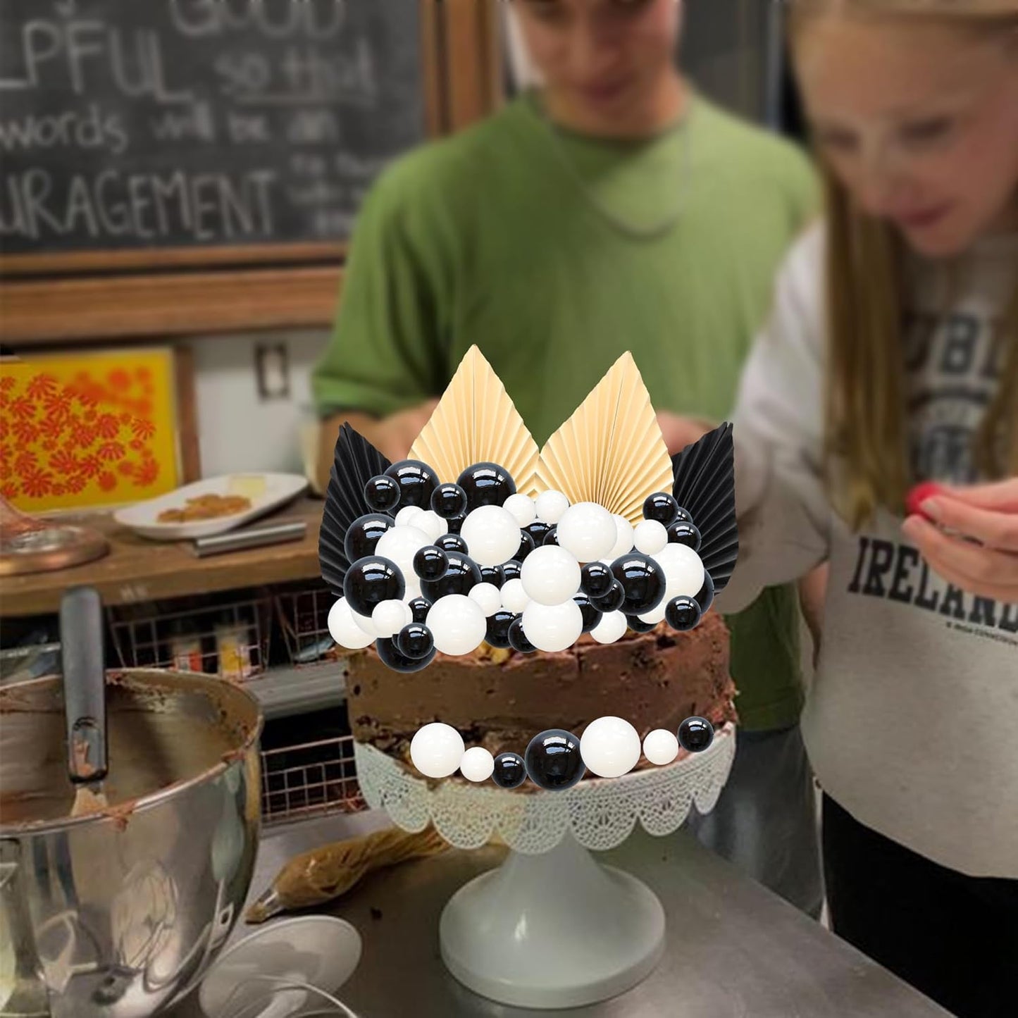 Ephlyn 28Pcs Paper Palm Fan Cake Topper Balls Cake Pick DIY Cake Decorations for Baby Shower Wedding Bridal Shower Birthday Party Supplies White Black