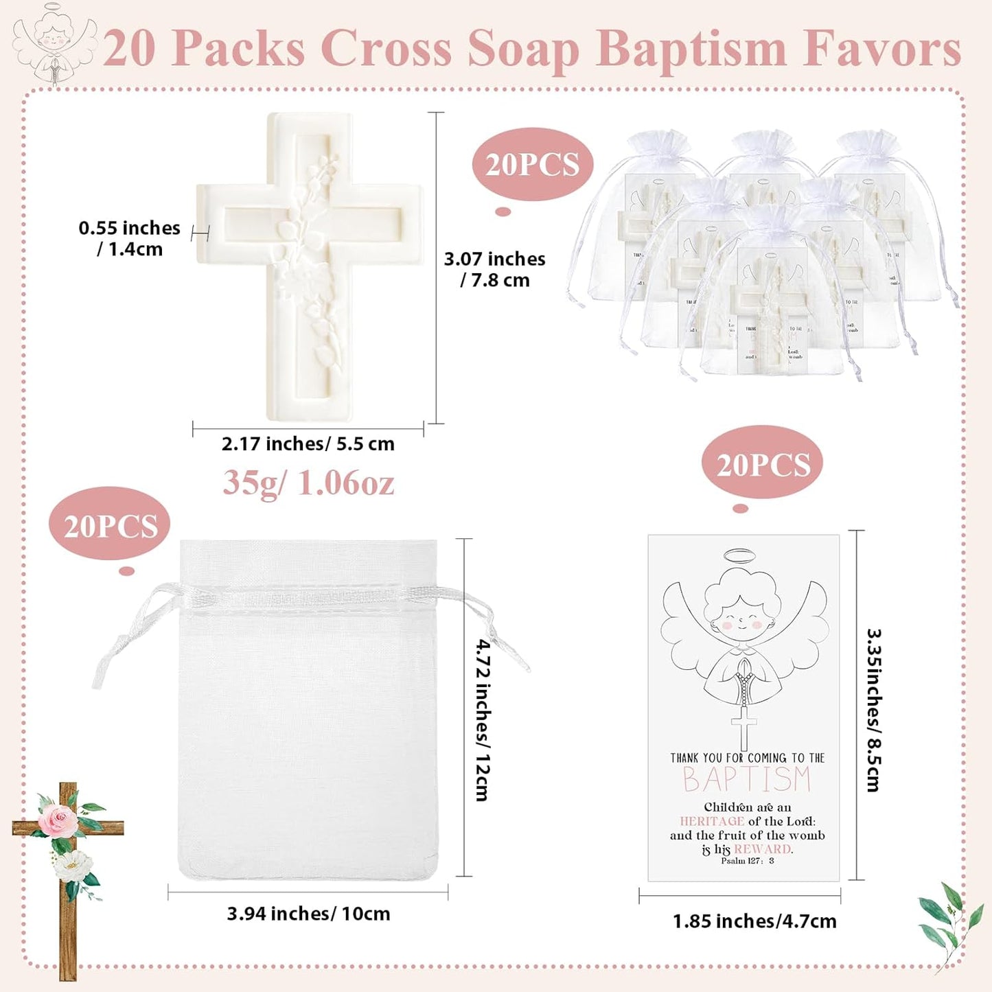 20 Pack Baptism Favors for Guests Cross Soap Baby Shower Scented Soap Favors with Greeting Cards Organza Bag Christening Communion Baptism Party Gift for Guests Party Gender Reveal