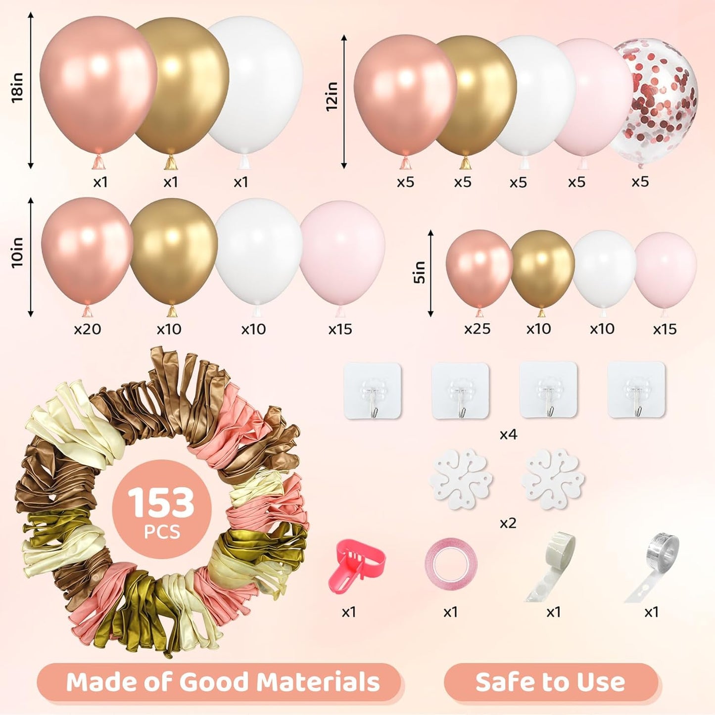 Amandir 153pcs Rose Gold Balloon Garland Arch Kit, Different Sizes 18 12 10 5 inch Pink White Gold Latex Metallic Confetti Balloons for Girls Graduation Birthday Bridal Baby Shower Party Decorations