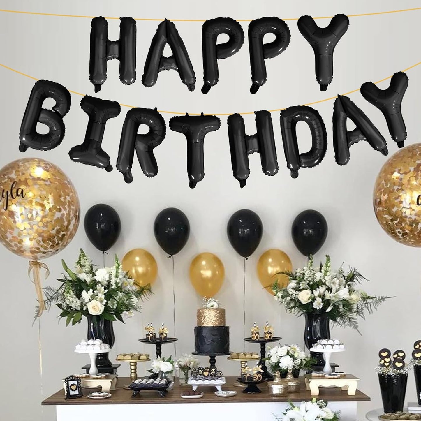 LIOZEOKUN Happy Birthday Balloon Letters 16 inch Mylar Foil Birthday Balloons Banner Sign for Birthday Party Decorations Supplies (Black)