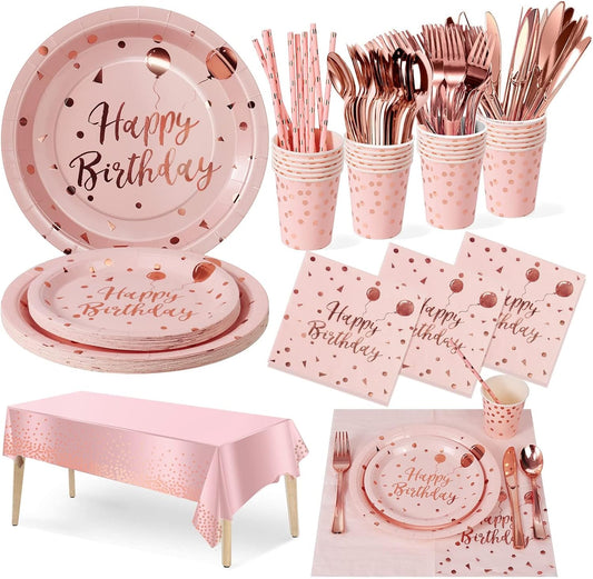 Birthday Party Tableware, 161 Pieces Pink and Rosegold Party Supplies, Party Dinnerware Sets Include Paper Plates Napkins Cups Silverware, for Shower Engagement Parties Decoration -20 Serves