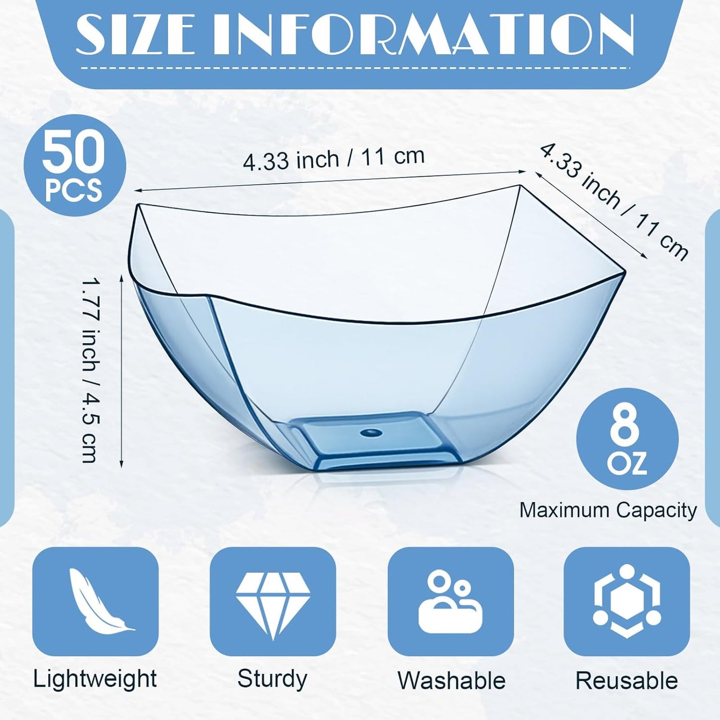 Tanlade 50 Pcs Square Plastic Serving Bowls Disposable Snack Salad Bowl Small Party Candy Bar Containers Taco Bar Serving Dishes for Buffet Chips Fruit (8 oz,Blue)