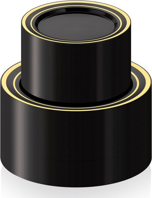 200PCS Black Plastic Plates Set with Gold Rim, 100 10.25 inch Dinner Plates and 100 7.5 inch Dessert Plates, Premium Disposable Plates forfor Party, Wedding, Holiday,And Halloween