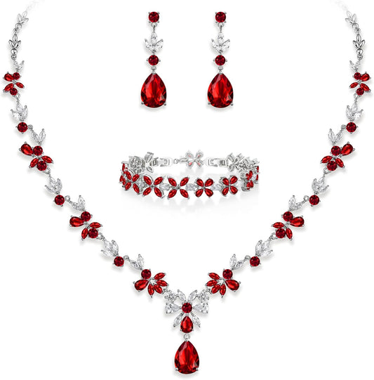 EVER FAITH Bridal Jewelry Set for Bride Bridesmaid, Flower Leaf Teardrop Cubic Zirconia Necklace Dangle Earrings Bracelet Sets Wedding Party for Women