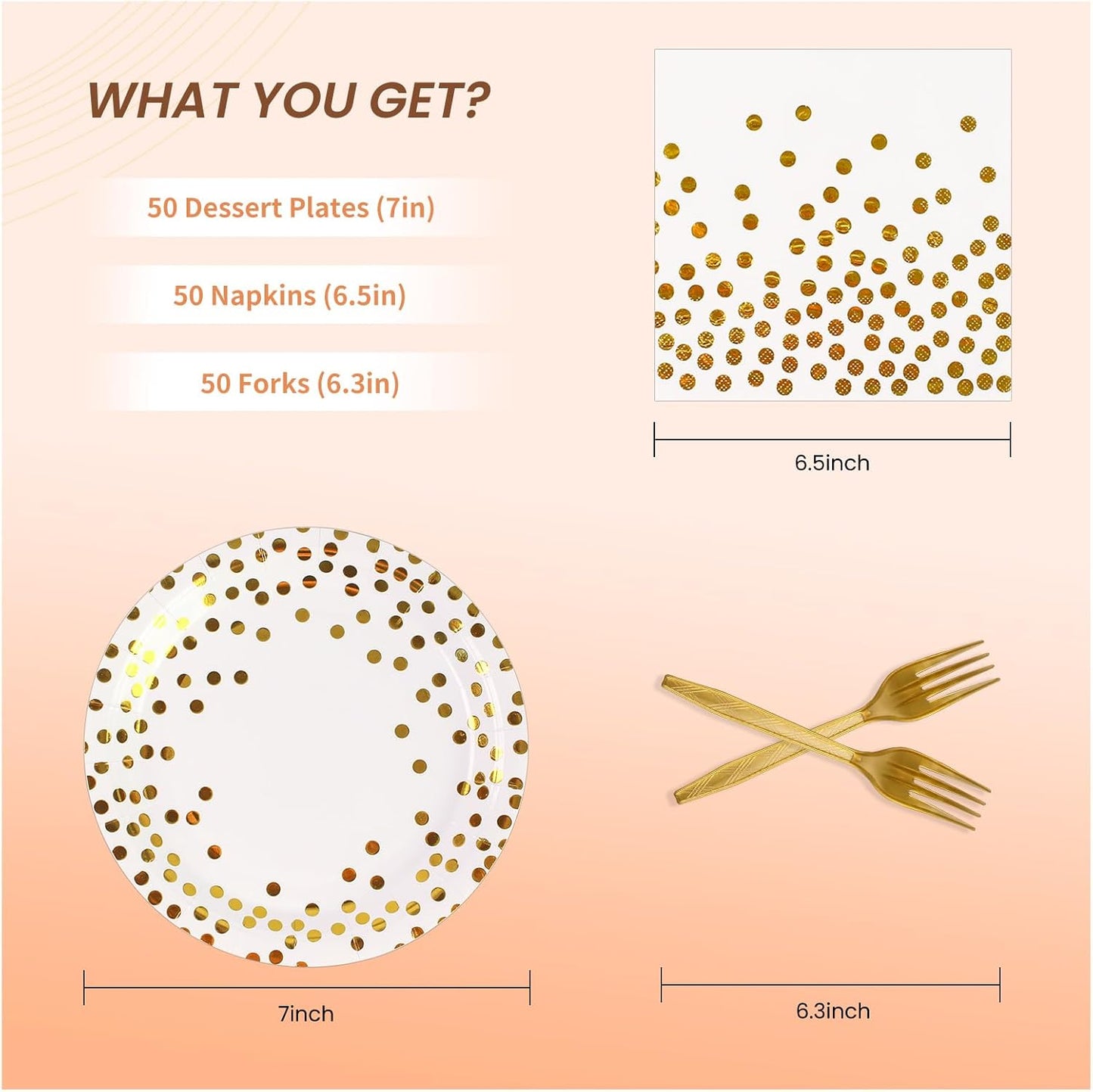 150PCS Paper Plates and Napkins Set - White and Gold Dot Disposable Party Dinnerware Includes Paper Plates, Napkins, Forks Decorations for Birthdays, Graduations, Weddings and Holidays, Serves 50