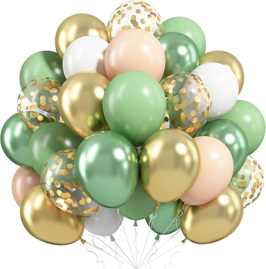 Sage Green Gold Balloons, 12 Inch 60 Pcs Metallic Olive Green White Gold Confetti Balloons Retro Green Balloons for Jungle Safari Birthday Camp Bachelorette Decorations
