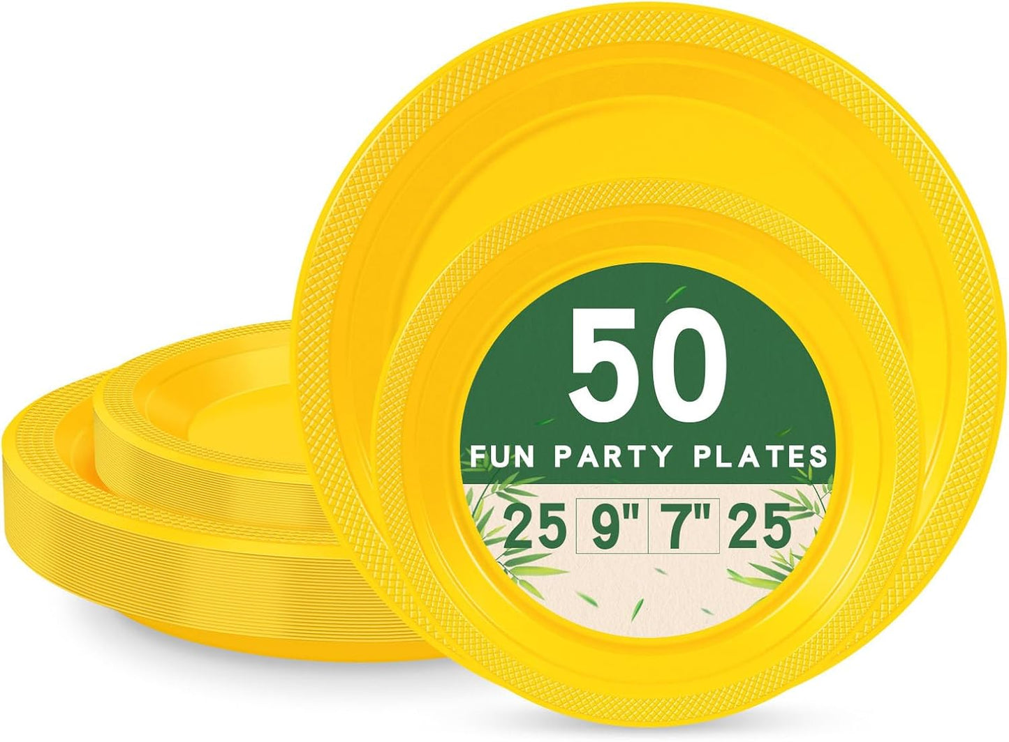 50 Yellow Plastic Plates For Party, Includes 25-9" & 25-7" Cake Dessert Plastic Dinner Plates Disposable For Party Supplies