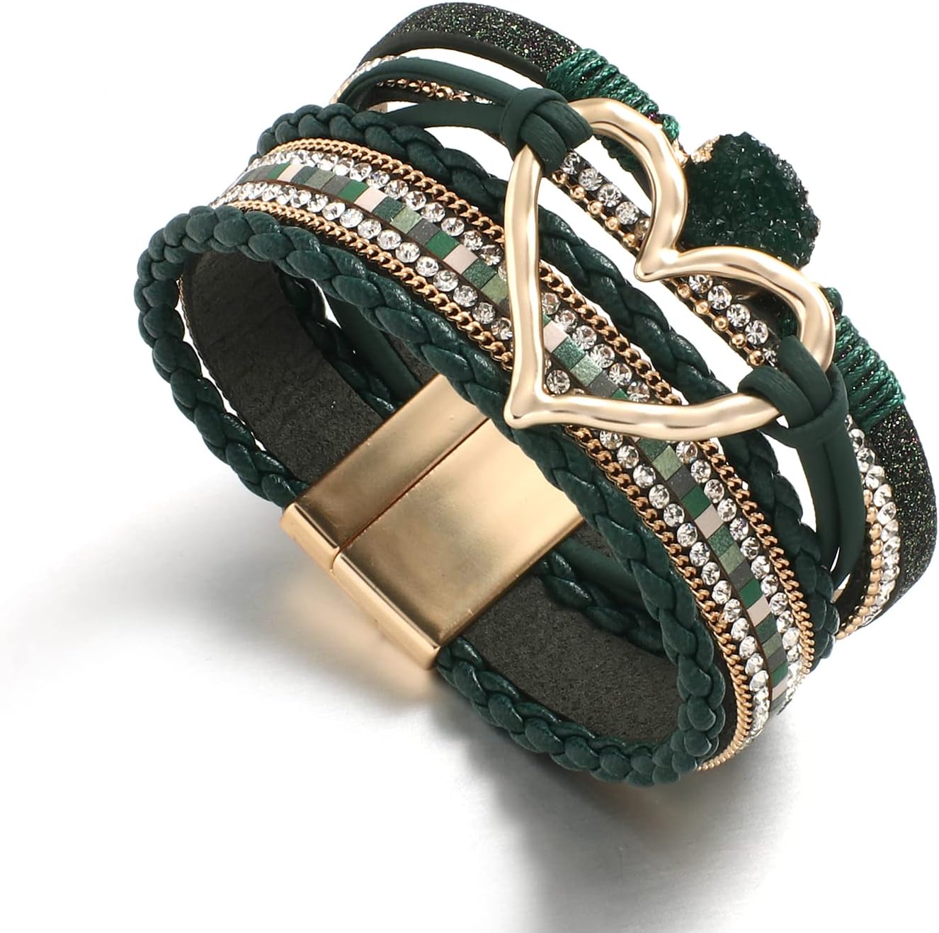 Leather Wrap Bracelet for Women Beaded Cuff Bracelet with Heart-shape Decor Bohemian Crystal Bracelet Jewelry with Clasp Bangle Bracelet for Women Girls Birthday Holiday Gift