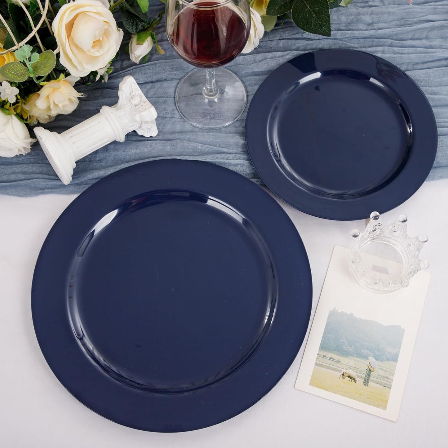 FLOWERCAT 100PCS Blue Plastic Plates - Heavy Duty Blue Disposable Plates for Possover Party/Wedding/Hanukkah - Include 50PCS 10.25inch Dinner and 50PCS 7.5inch Dessert/Salad Plates for 50 Guests