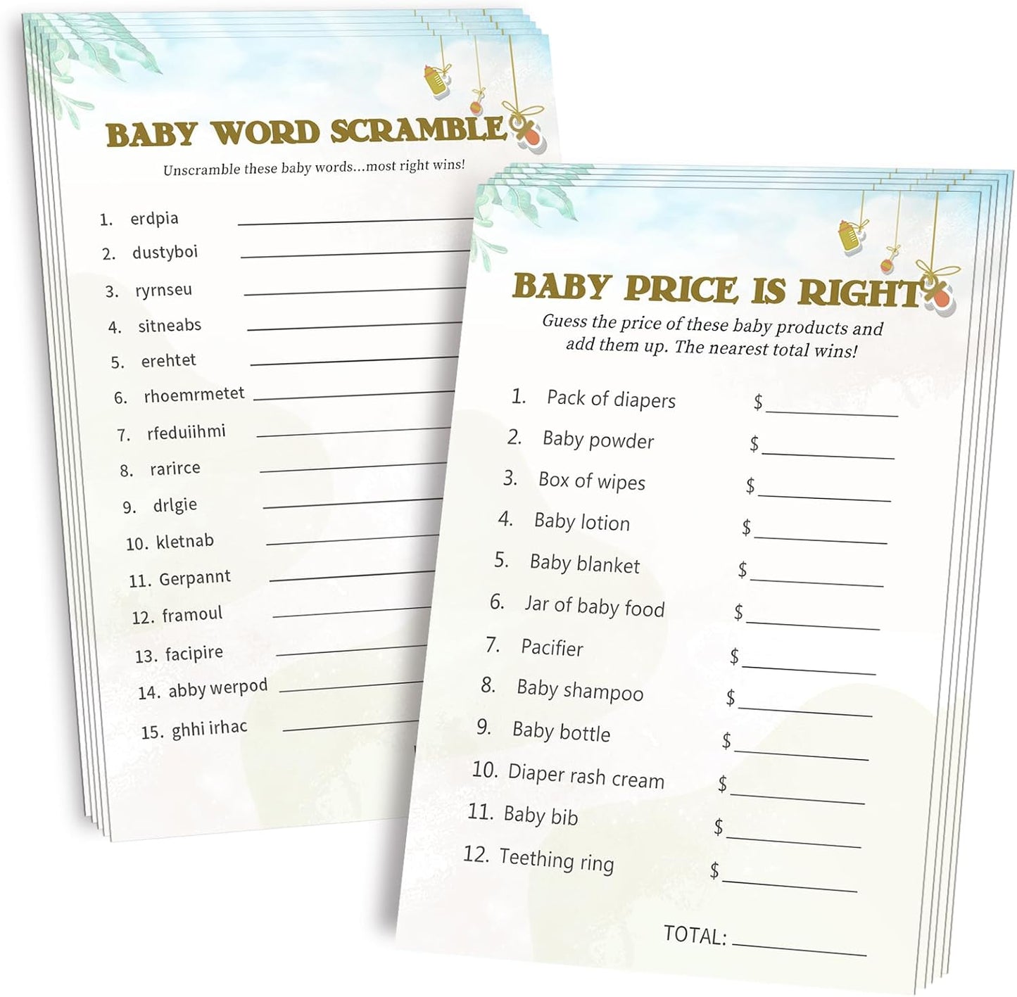 Baby Shower Games for Boy or Girl-2 Games(50 of Each),Baby Shower Word Scramble Game&Price is Right,Double-Sided,Fun,Hilarious,and Easy to Play,Gender Neutral,With Answer Keys