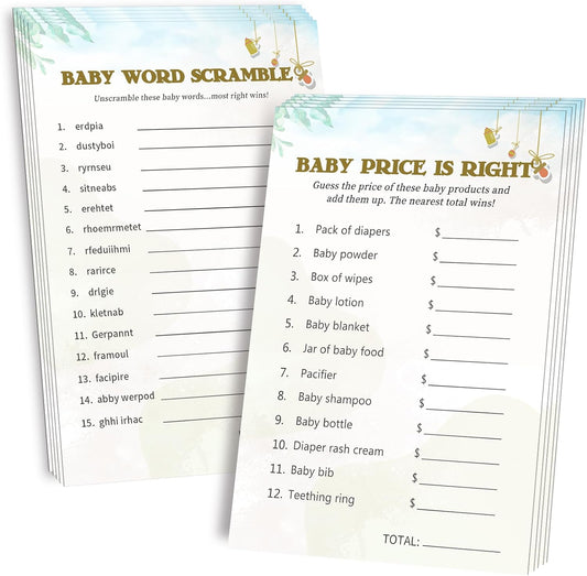 Baby Shower Games for Boy or Girl-2 Games(50 of Each),Baby Shower Word Scramble Game&Price is Right,Double-Sided,Fun,Hilarious,and Easy to Play,Gender Neutral,With Answer Keys