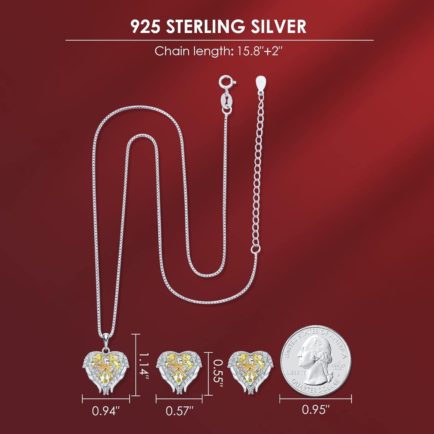 CDE Mothers Day Jewelry Set for Women, Angle Wing Heart Pendant Necklaces and Earrings with Birthstone， Birthday/Anniversary Christmas Jewelry Gift for Women Wife Her