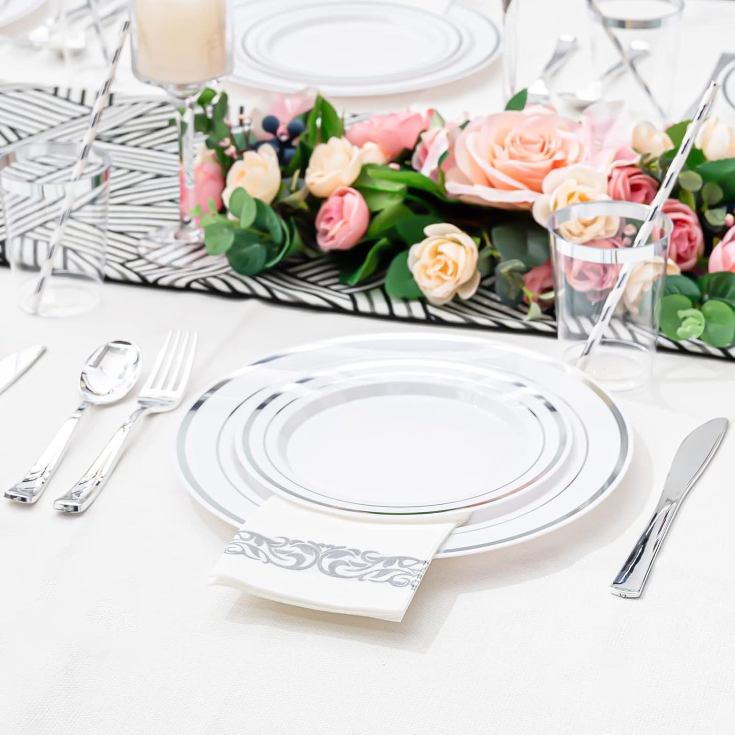 175 PCS Silver Dinnerware Set for 25 Guests, Silver Rimmed Heavy Duty Plastic Disposable Plates for Party Wedding with 25 Dinner Plates,Dessert Plates, Silverware Set, Cups, Napkins