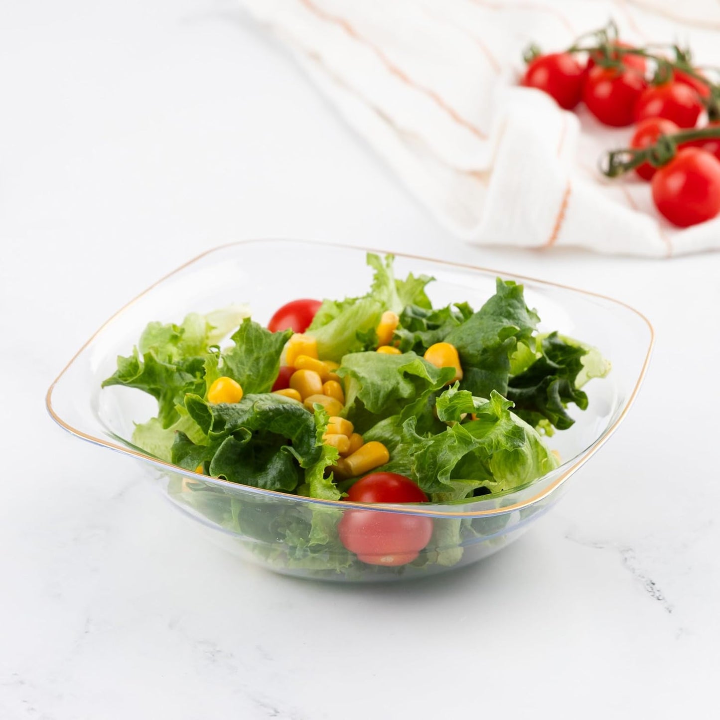 PLASTICPRO Clear Plastic Organic Party Square Soup bowls Clear With Gold Rim Elegant Disposable Tableware Dishes 16 OZ 32 Count