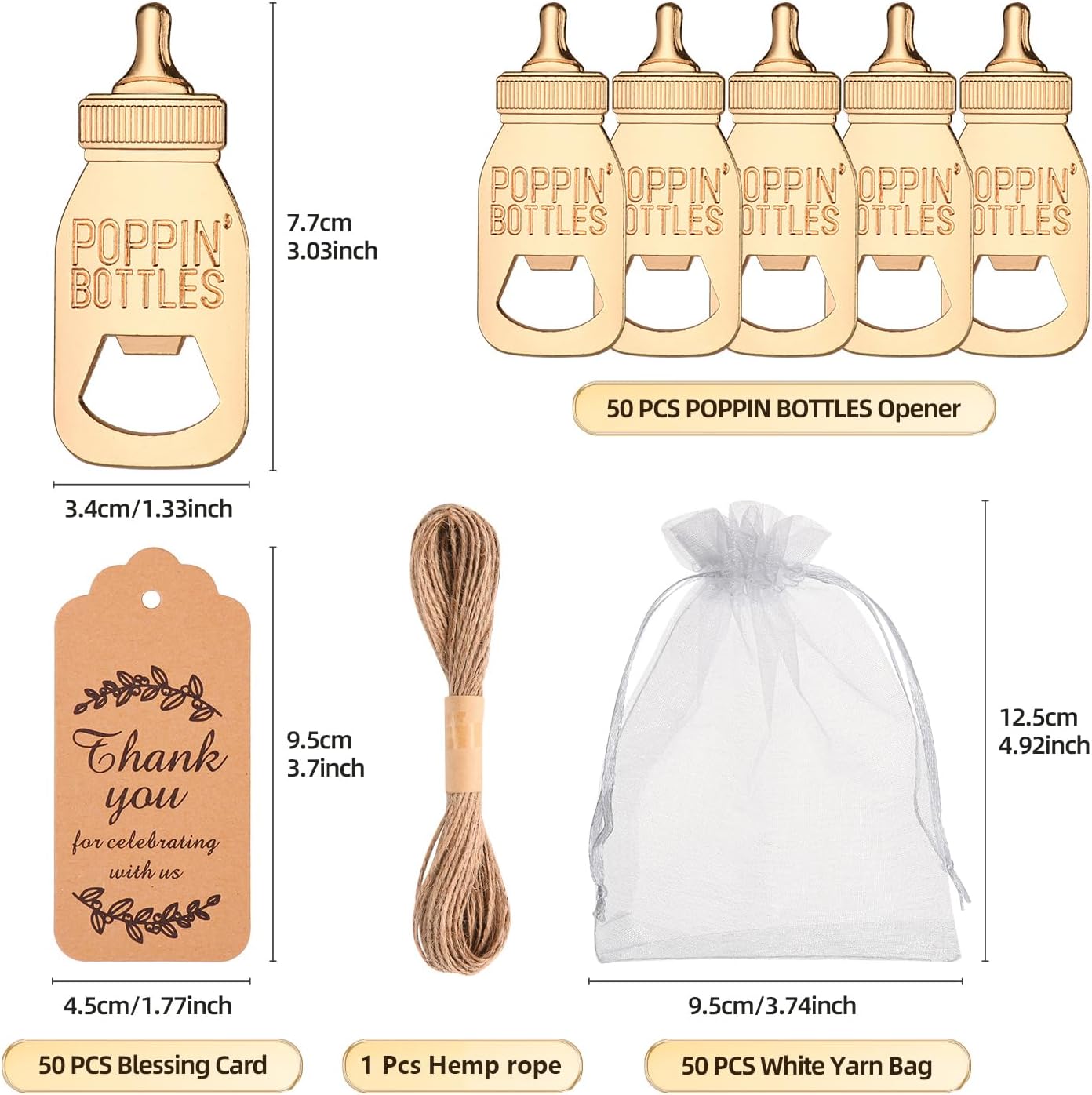 50 Pcs Popping Bottle Openers Baby Shower Party Favors for Guests, Cute Bottle Opener Decorations Souvenirs with Organza Bags, Return Gifts for Gender Reveal Wedding Party Supplies