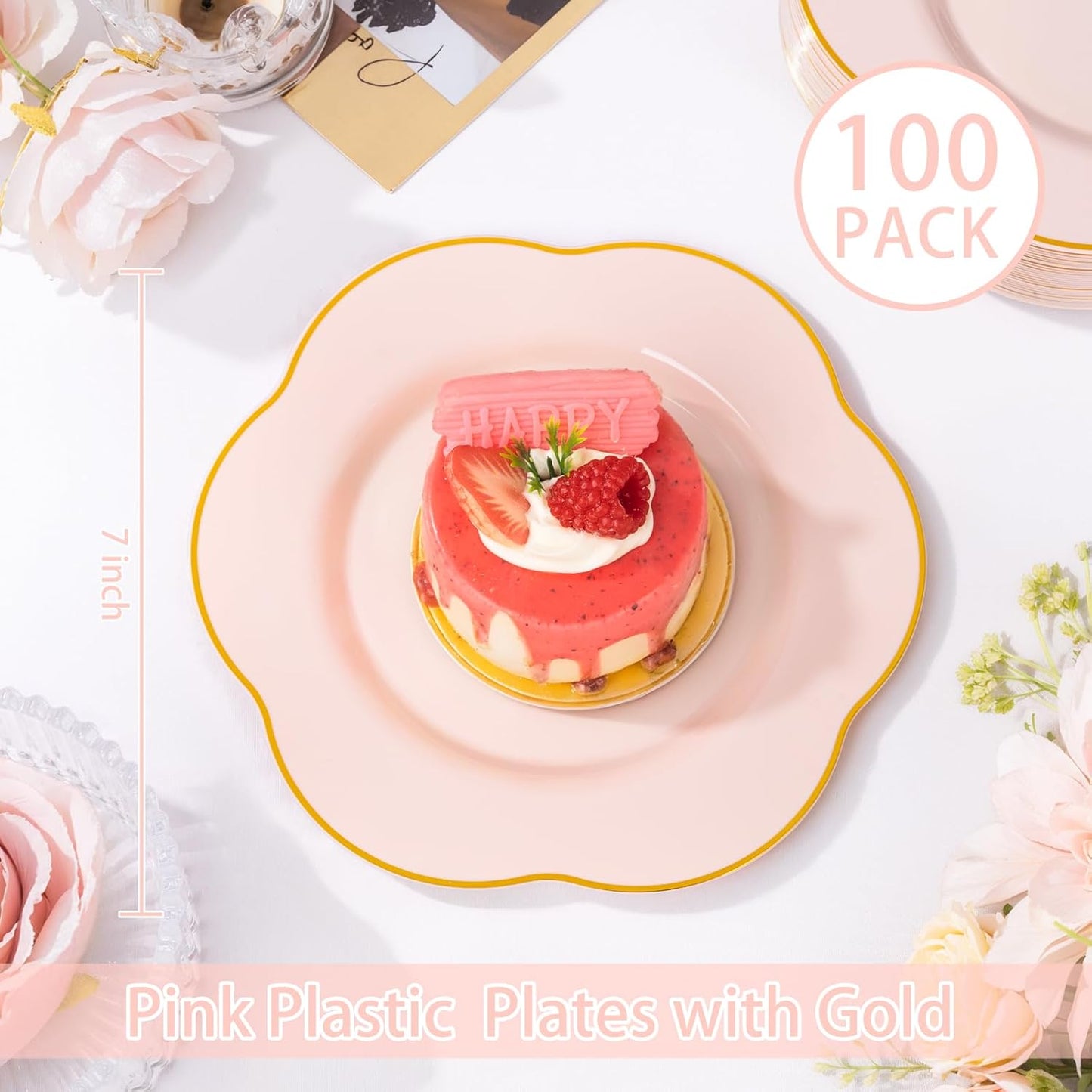 Liacere 100PCS Pink Dessert Plastic Plates - 7inch Disposable Floral Pink Gold Appetizer Cake Small Plates - Perfect for Wedding & Party & Holiday & &Baby Show