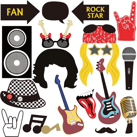SUNBEAUTY 18 Pcs Rock and Roll Birthday Party Decorations Music Note Guitar Star Photo Booth Props Music Theme Party Supplies