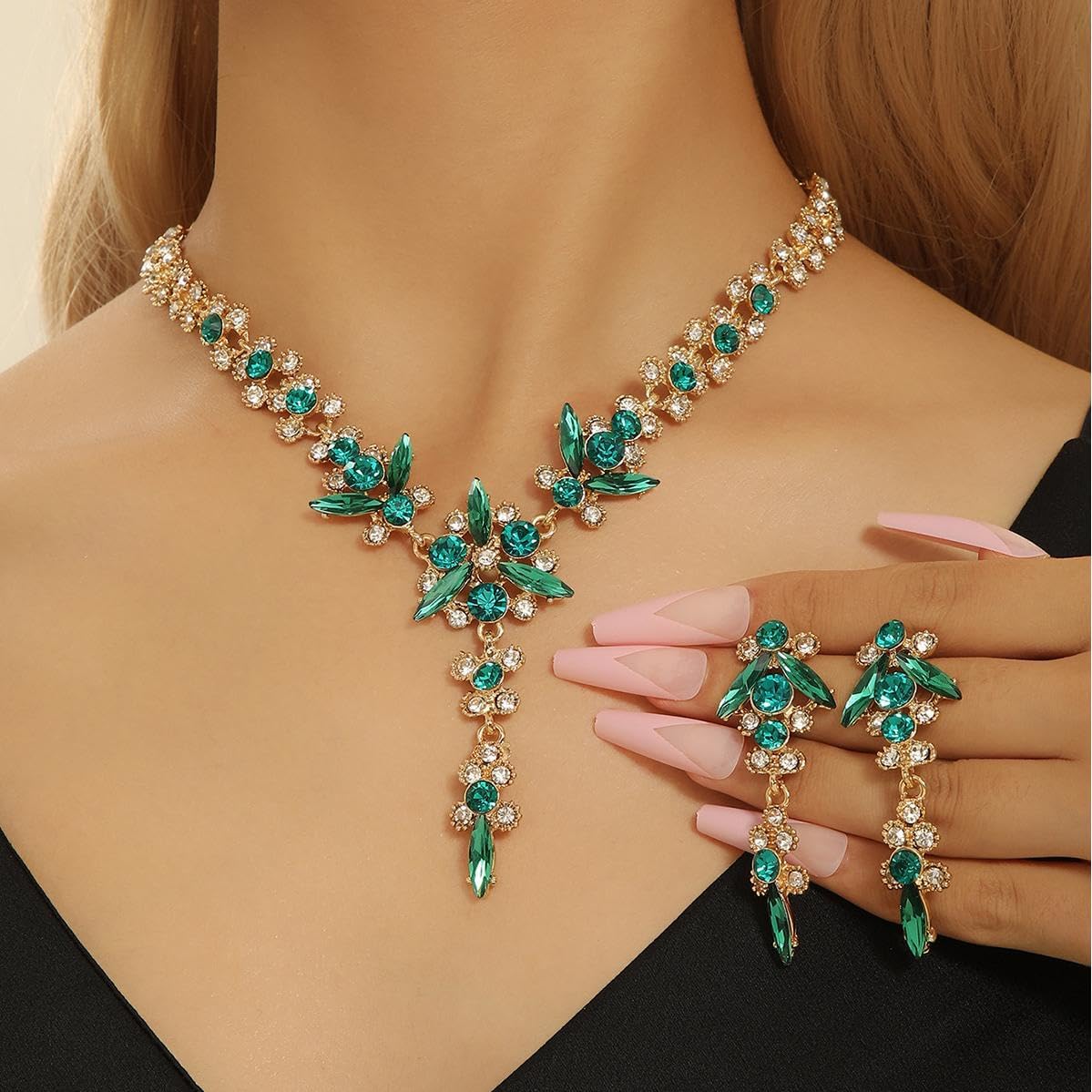 Wedding Jewelry Sets for Brides Rhinestone Necklace and Earring Set Bracelet Ring Gold Silver Prom Jewelry Sets Diamond Flower Teardrop Necklace for Women