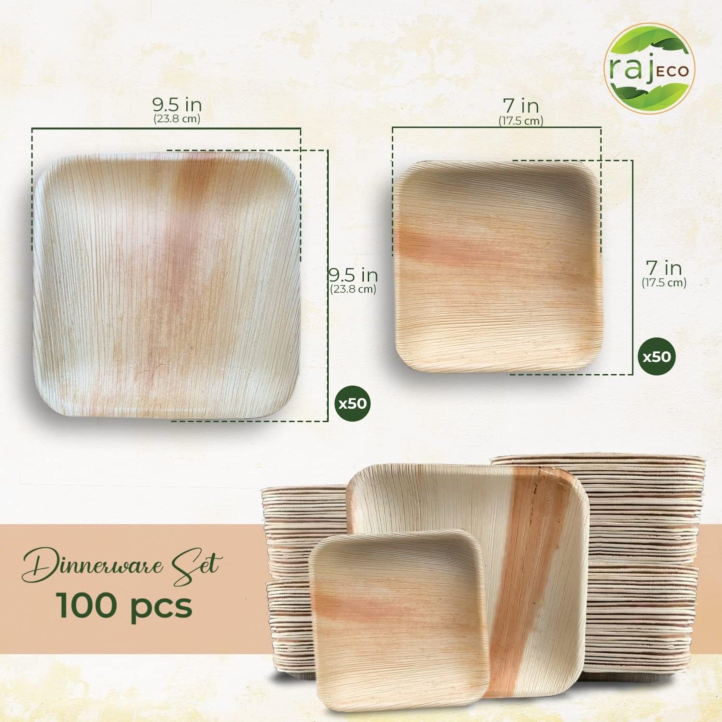 Raj Palm Leaf Plates Plates like Bamboo plates Disposable, Decorative Compostable Tableware for wedding, Lunch, Dinner, Birthday, Camping, Outdoor BBQ, Picnic (9.5"x50 7"x50 (100 Pack))