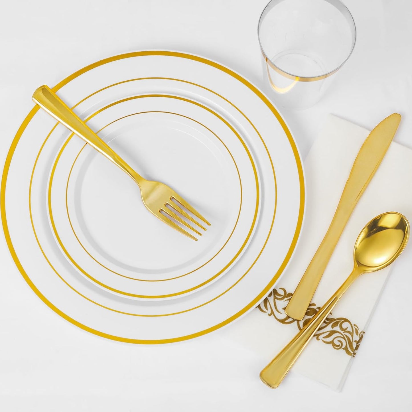 Supernal 400pcs Gold Plastic Dinnerware Set for 50 Guests-Gold Plastic Plates Heavy Duty Disposable Party Plates, 200 Gold Plastic Silverware, Linen Napkins, Clear Cups For Wedding,Birthday