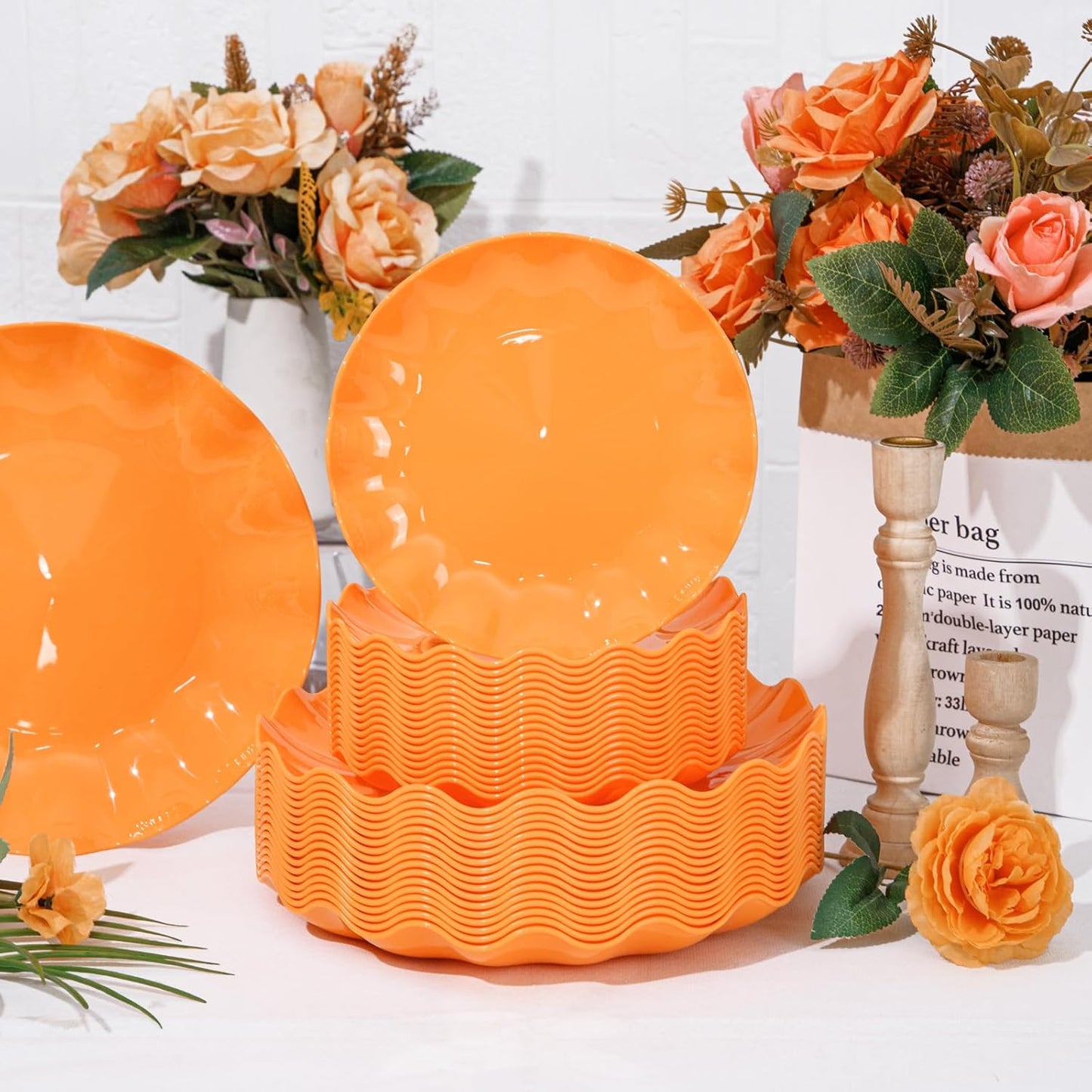 LIYH 20 Pcs 7.5 Inch Orange Plastic Plates Reusable - Unbreakable Dessert Scalloped Plates-Dishwasher Safe for Halloween & Thanksgiving Party BPA Free
