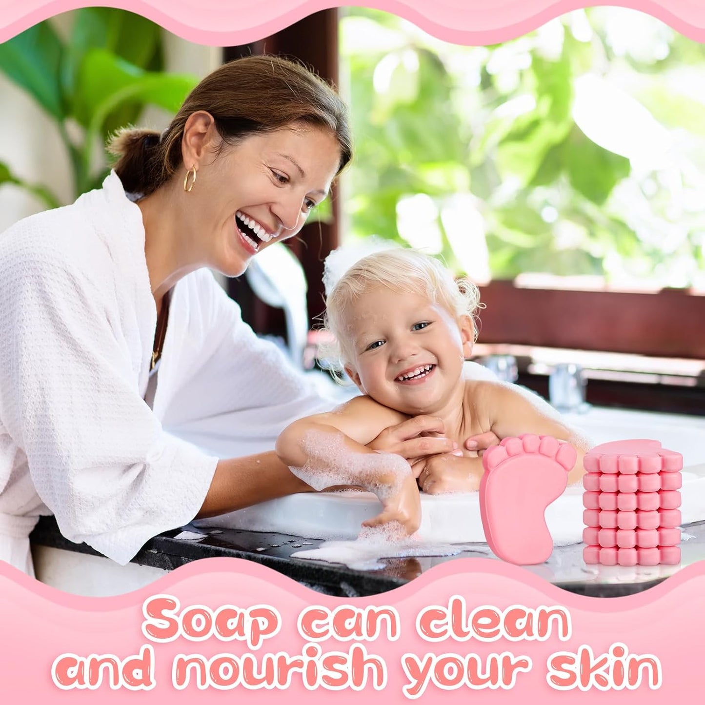 50 Sets Baby Shower Favors Handmade Baby Feet Scented Soap Party Favors for Guests Gifts with Organza Bags and Thanks Tags Wedding Party(Pink)