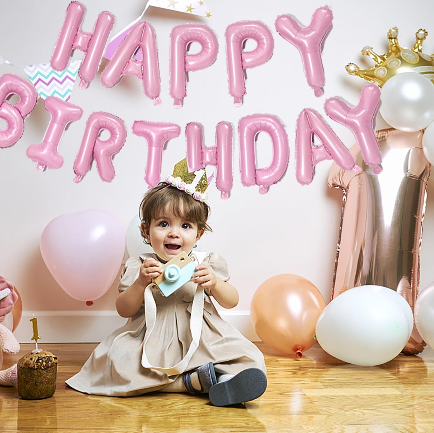 KALOR Pink Happy Birthday Balloons Banner, 16 Inch Mylar Foil Letters Balloon Sign for Women, Men, Boys & Girls Kids Birthday Decorations Photo Backdrop