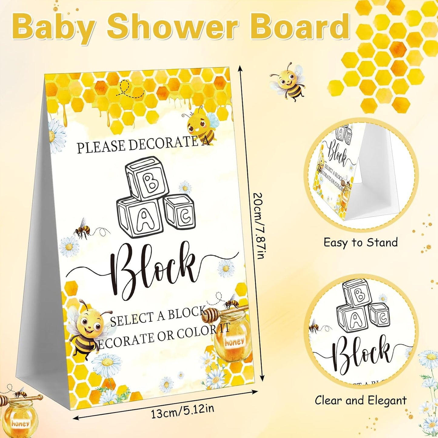 Marsui 136 Pcs Baby Shower Blocks to Decorate Game Kit Includes 98 Wooden Blocks, 36 Markers, 1 Game Sign, 1 Storage Box for Baby Shower Gender Reveal Activity Party Decorations(Bee)