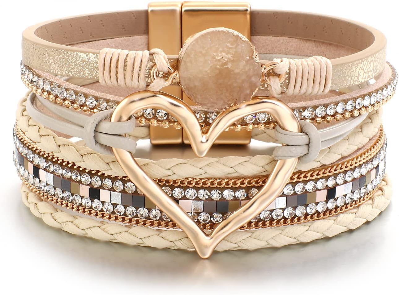 Leather Wrap Bracelet for Women Beaded Cuff Bracelet with Heart-shape Decor Bohemian Crystal Bracelet Jewelry with Clasp Bangle Bracelet for Women Girls Birthday Holiday Gift