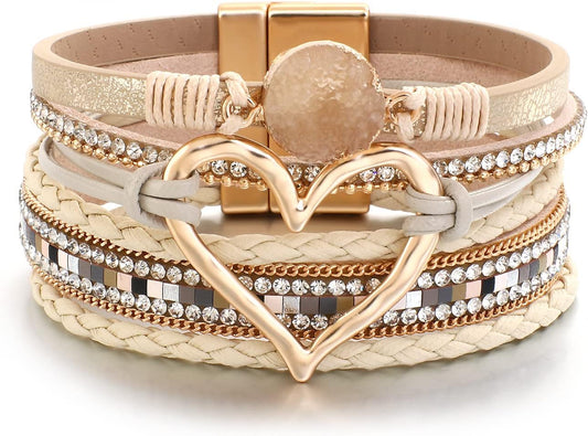 Leather Wrap Bracelet for Women Beaded Cuff Bracelet with Heart-shape Decor Bohemian Crystal Bracelet Jewelry with Clasp Bangle Bracelet for Women Girls Birthday Holiday Gift