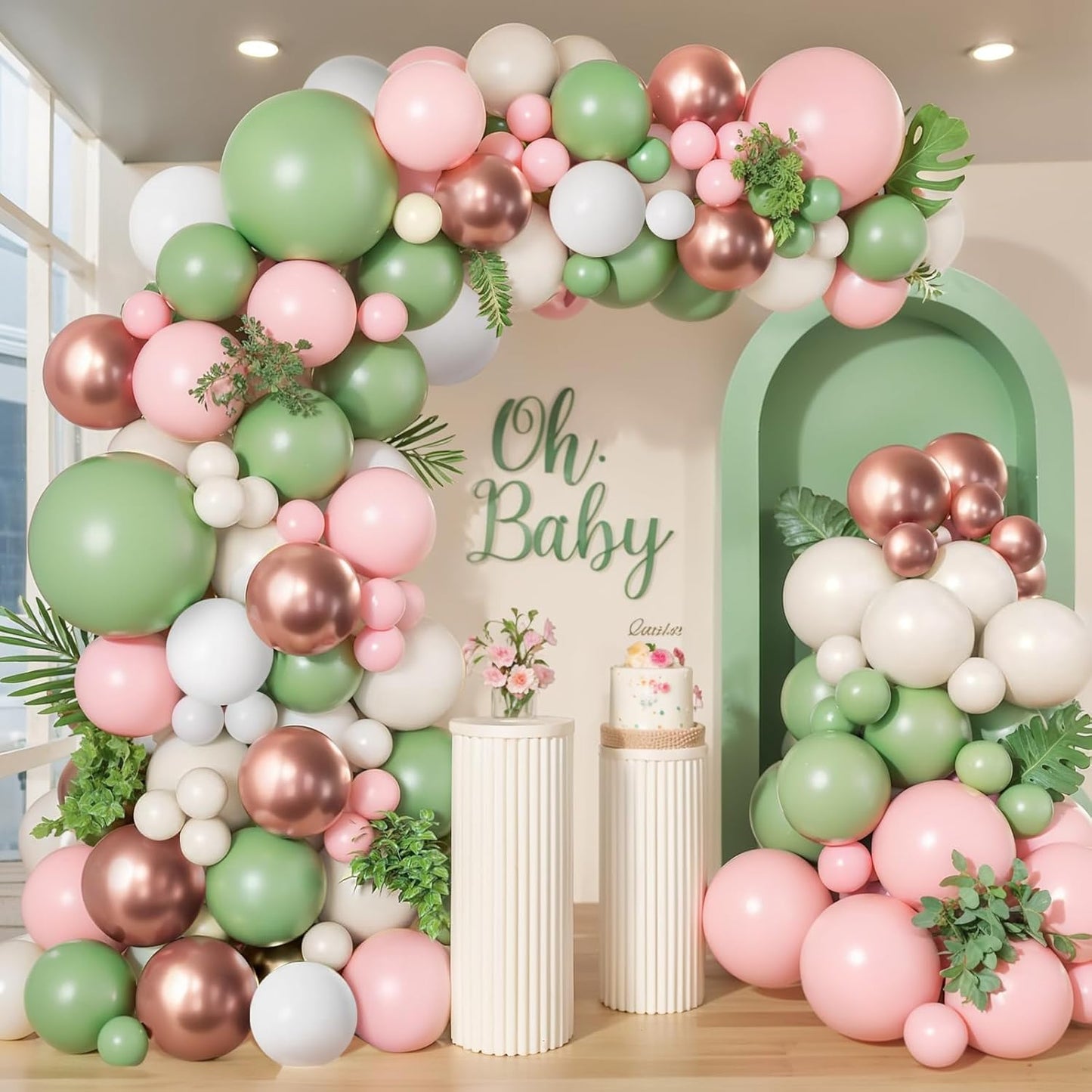 Sage Green Pink Balloon Arch Kit, Olive Green Baby Pink Sand White Balloons with Rose Gold Metallic Latex Balloons for Girl Birthday Wedding Bride Shower Party Decorations