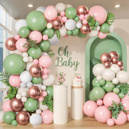 Sage Green Pink Balloon Arch Kit, Olive Green Baby Pink Sand White Balloons with Rose Gold Metallic Latex Balloons for Girl Birthday Wedding Bride Shower Party Decorations
