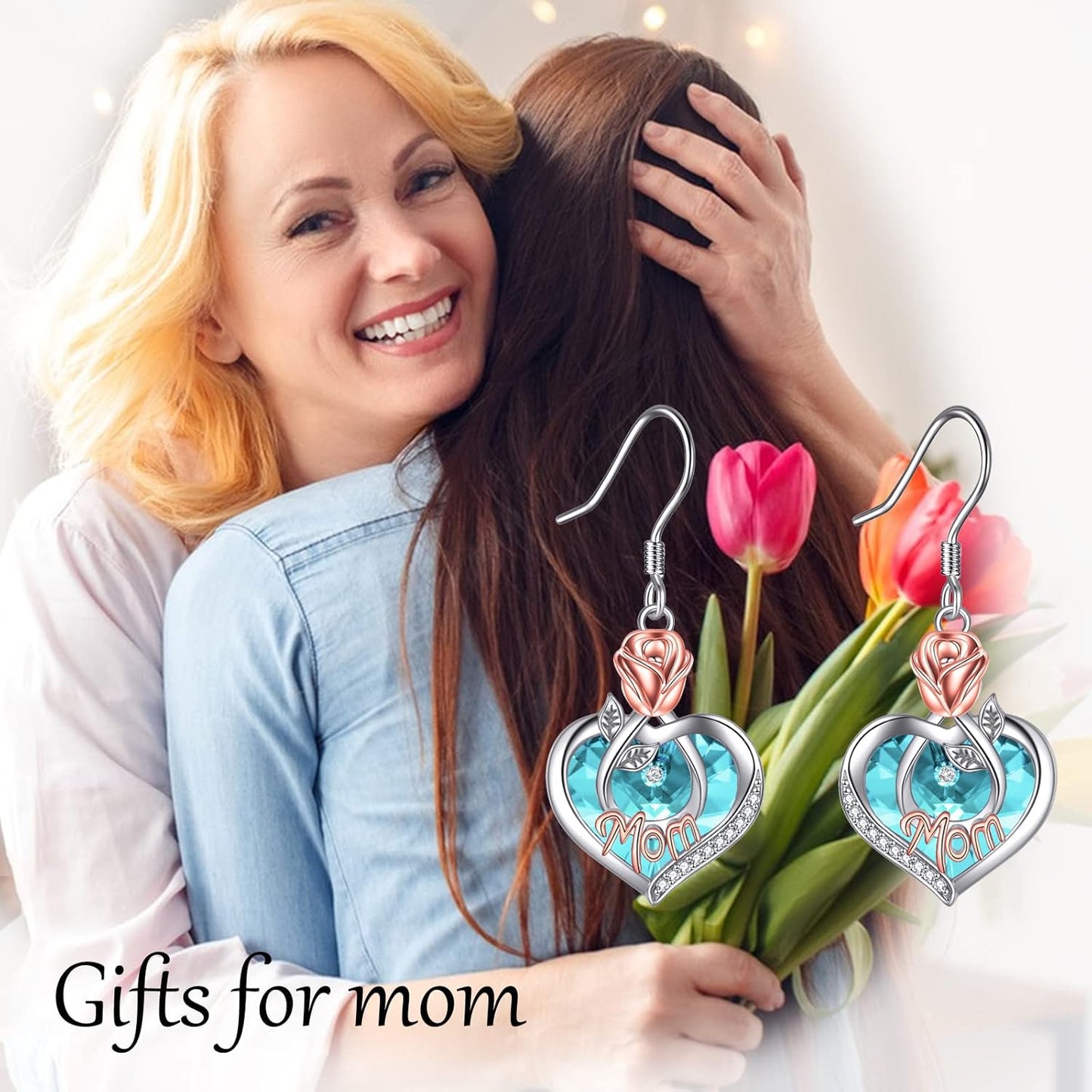 Mom Earrings with Rose Flower Love Heart 925 Sterling Silver Crystal Dangle Drop Hook Earrings Jewelry