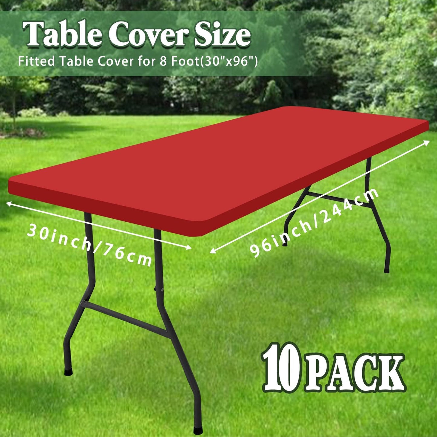 10 Pack Picnic Fitted Table Cover for 8 Foot Tablecloth for Rectangle Tables Waterproof Stretch Washable Folding Indoor and Outdoor Spandex Table Cloth for Camping Banquet and Parties (Red,30" x 96")