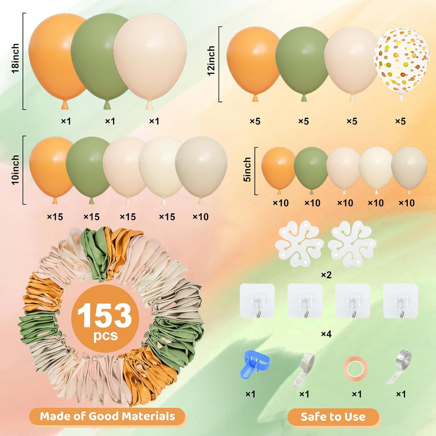 Amandir 153pcs Green Orange Balloon Garland Arch Kit, Different Sizes 18 12 10 5 inch Sage Green White Sand Latex Confetti Fall Balloons for a Little Cutie is on the Way Baby Shower Party Decoration