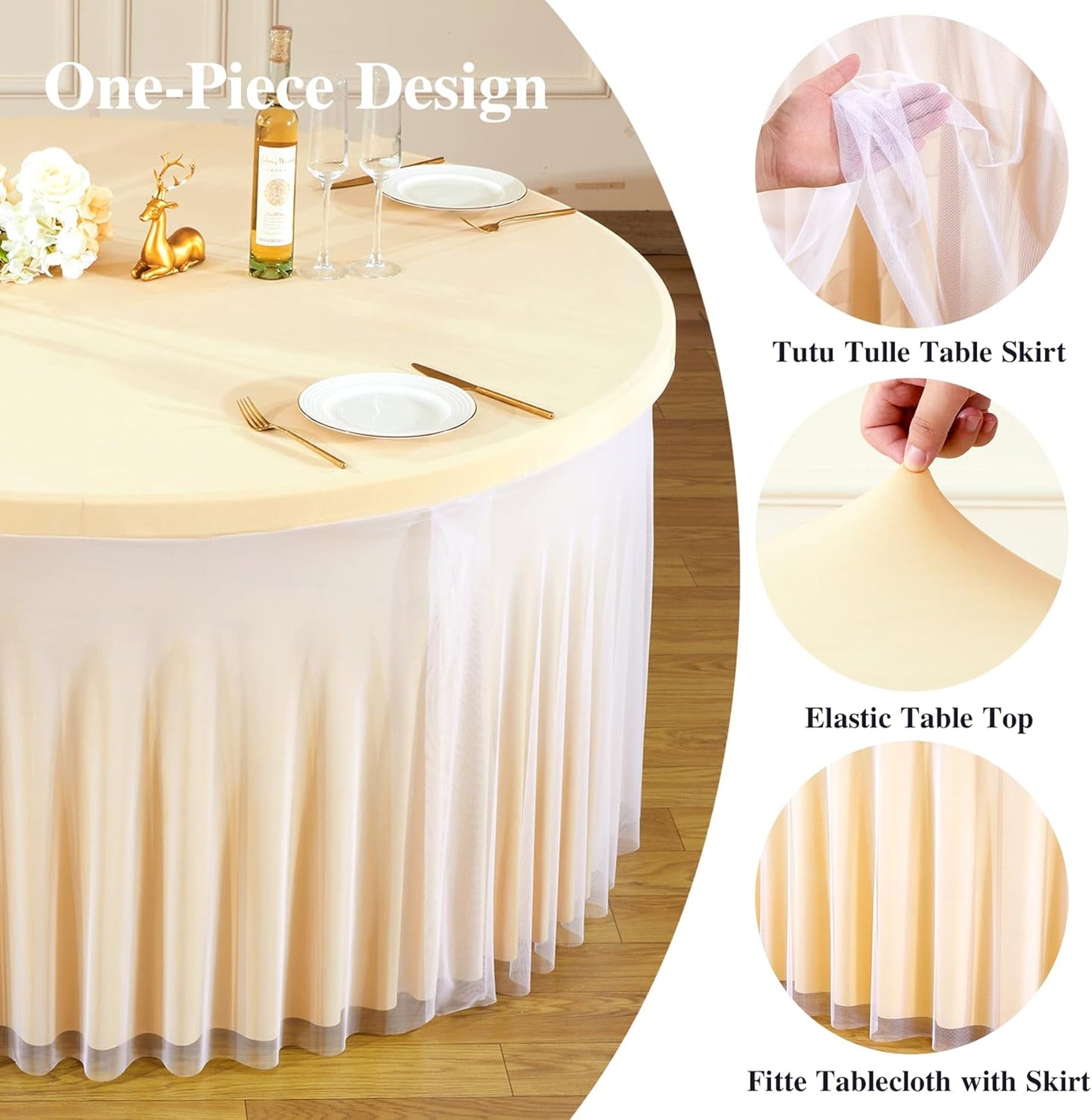 Champagne Tulle Round Tablecloth for 60 inch Tables, Spandex Fitted 5FT Champagne Round Table Covers with Tulle Tutu Skirt for Baby Shower Wedding Birthday Party Cake Banquet Table Decoration