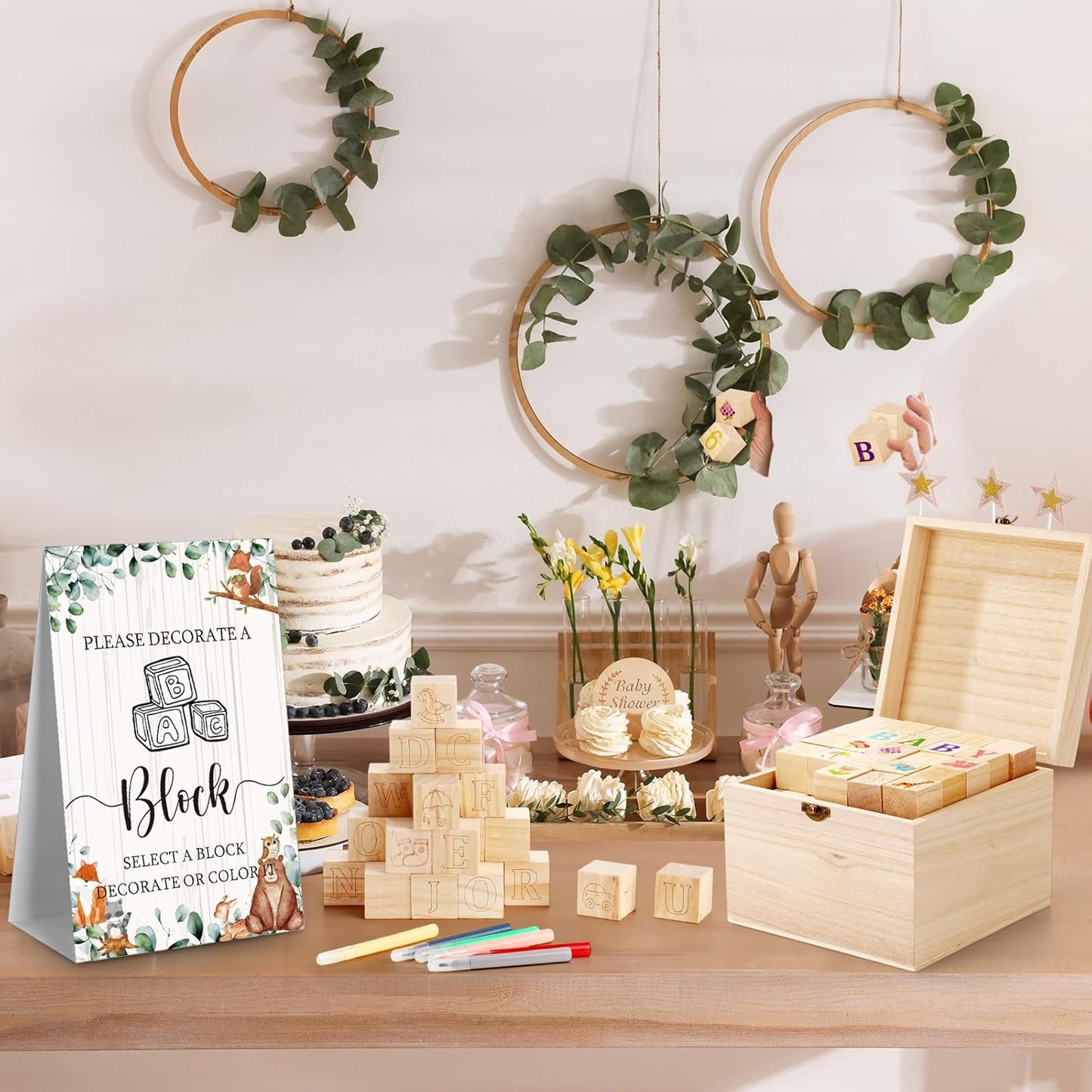 Marsui 136 Pcs Baby Shower Blocks to Decorate Game Kit Includes 98 Wooden Blocks, 36 Markers, 1 Game Sign, 1 Storage Box for Baby Shower Gender Reveal Activity Party Decorations(Land Animal)