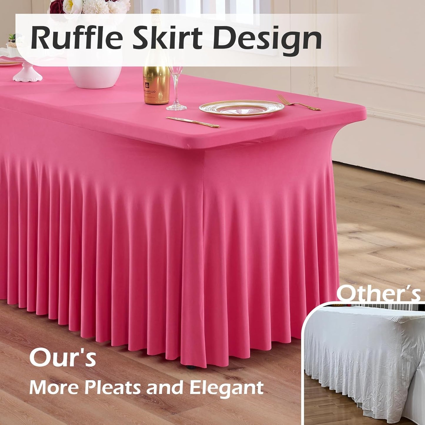 NSSONBEN 2 pk Hot Pink Spandex Tablecloth for 6 Foot Rectangle Tables, Wrinkle Free Fitted Spandex Table Covers 6ft Stretch Table Cloths with Ruffle Skirt for Parties Weddings Banquet Baby Shower